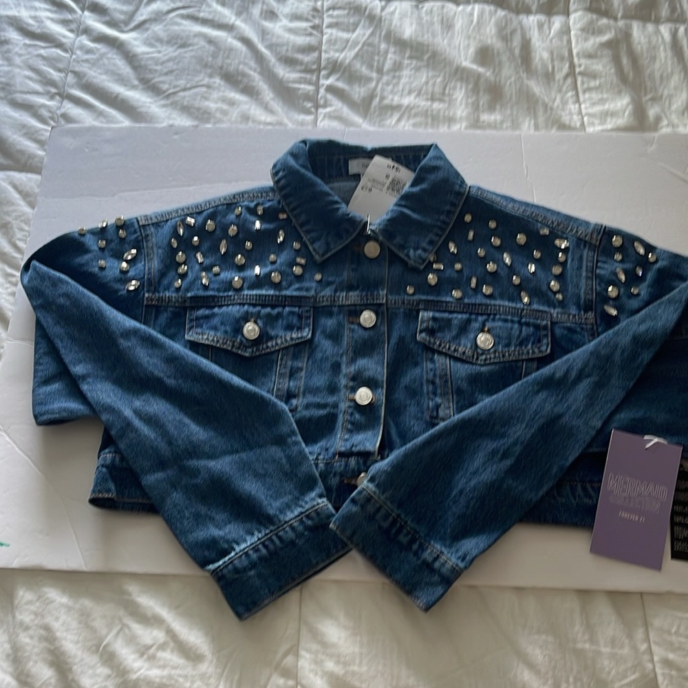Forever 21 Mermaid Collection Jean Rhinestone Crop Jacket Size S - Picture 5 of 6